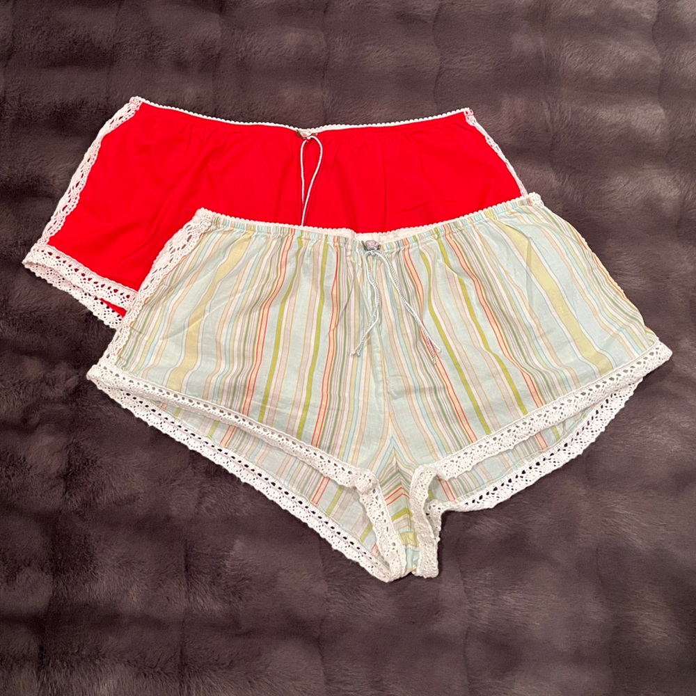 Two (2) Victoria’s Secret Sleep Shorts - Solid & Striped - Crochet Trim (Small)